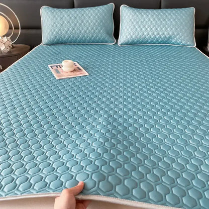 Hexagonal quilted pink & gray cooling bed sheet set bedroom mat
