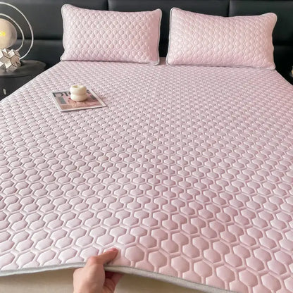 Hexagonal quilted pink & gray cooling bed sheet set bedroom mat