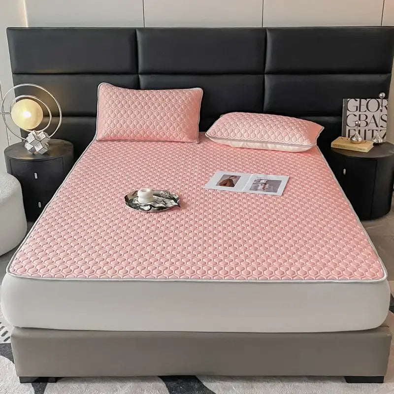 Hexagonal quilted pink & gray cooling bed sheet set bedroom mat