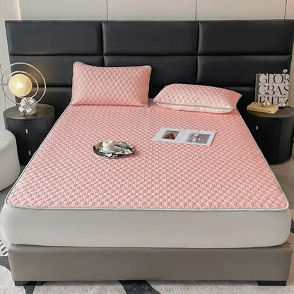 Hexagonal quilted pink & gray cooling bed sheet set bedroom mat