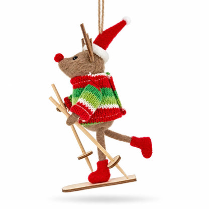 Skiing Reindeer Red Santa Hat Felt Fabric Christmas Ornament