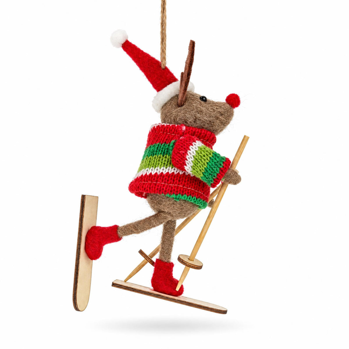 Skiing Reindeer Red Santa Hat Felt Fabric Christmas Ornament