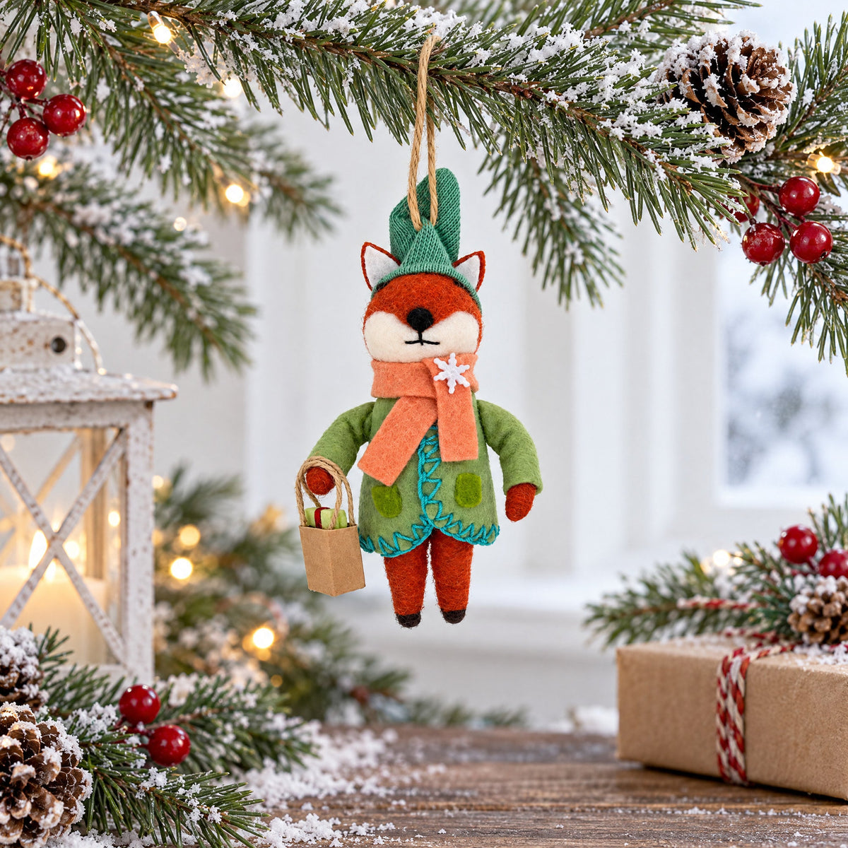 Fox With Gift Bag Felt Fabric Christmas Ornament