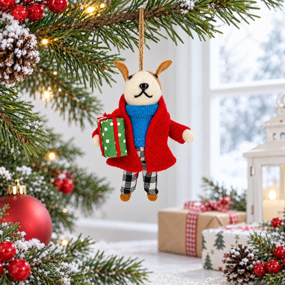 Dog In Plaid Pants With Present Felt Fabric Christmas Ornament