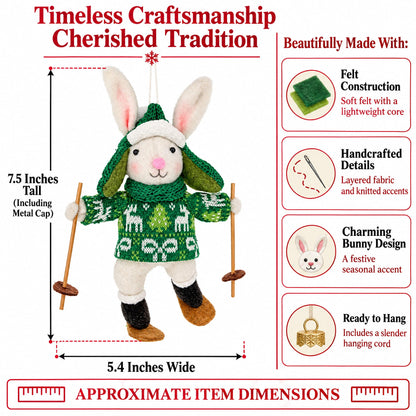 Skiing White Bunny Felt Fabric Christmas Ornament