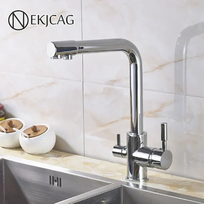 High arc dual spout chrome kitchen faucet with pull down sprayer