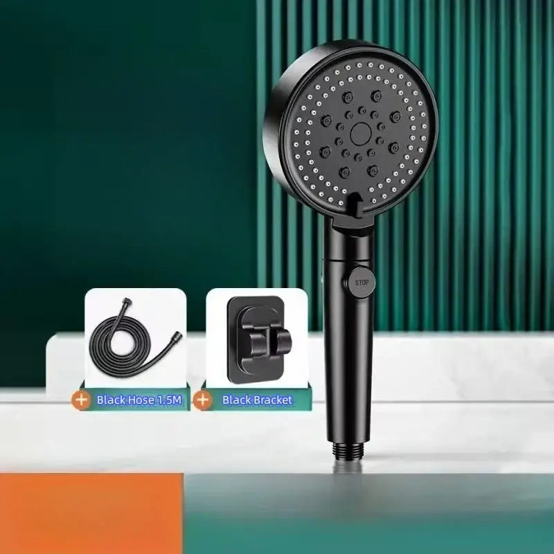 High pressure black round shower head bathroom one key switch