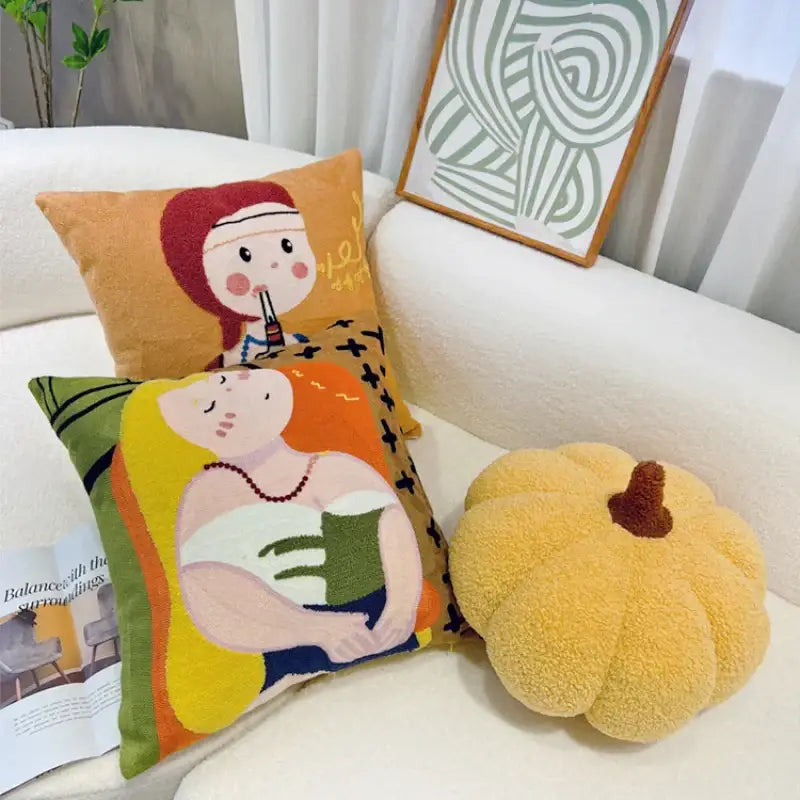 Historical cartoon oil painting embroidery throw pillow living room