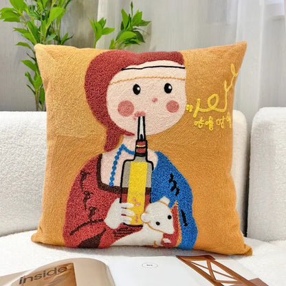 Historical cartoon oil painting embroidery throw pillow living room