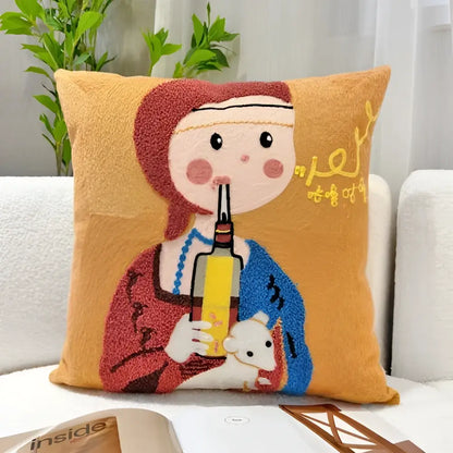 Historical cartoon oil painting embroidery throw pillow living room