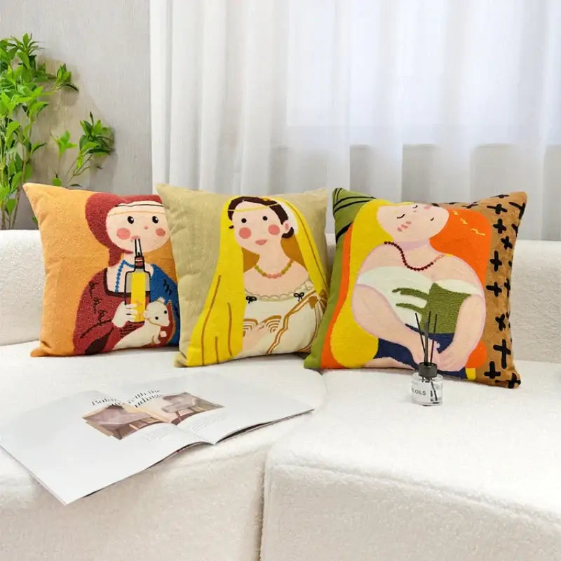 Historical cartoon oil painting embroidery throw pillow living room