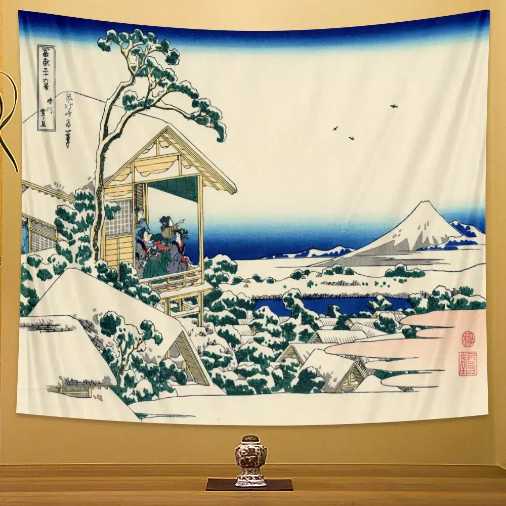 Hokusai red & blue beach scenery tapestry bedroom wall decor