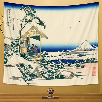 Hokusai red & blue beach scenery tapestry bedroom wall decor