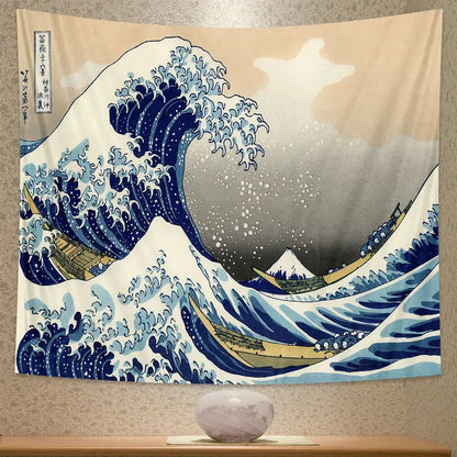 Hokusai red & blue beach scenery tapestry bedroom wall decor
