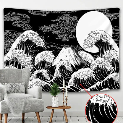 Hokusai red & blue beach scenery tapestry bedroom wall decor