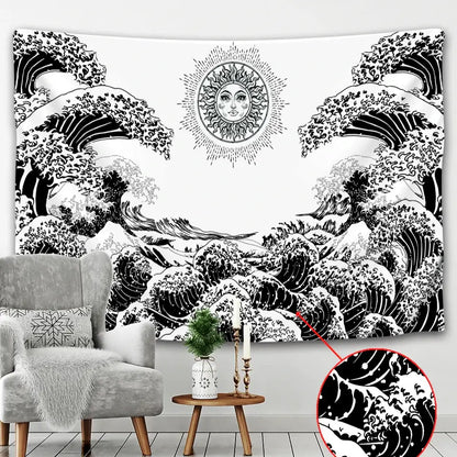 Hokusai red & blue beach scenery tapestry bedroom wall decor