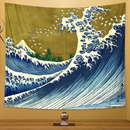 Hokusai red & blue beach scenery tapestry bedroom wall decor