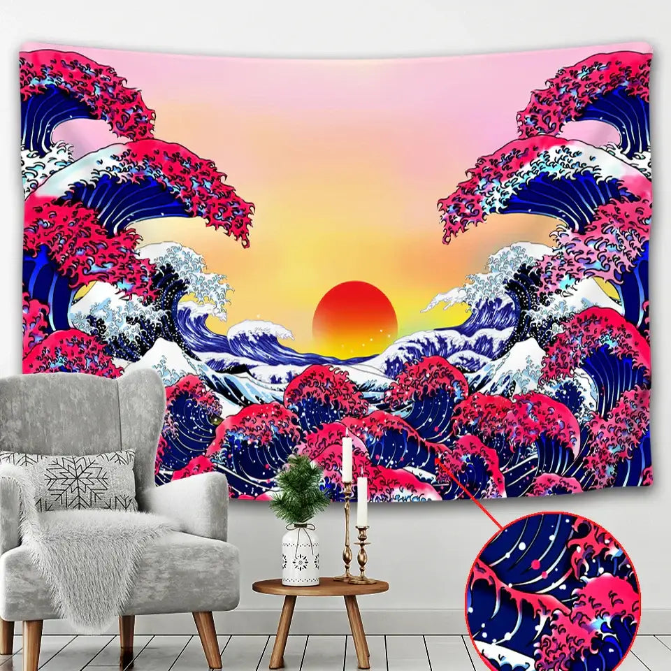 Hokusai red & blue beach scenery tapestry bedroom wall decor
