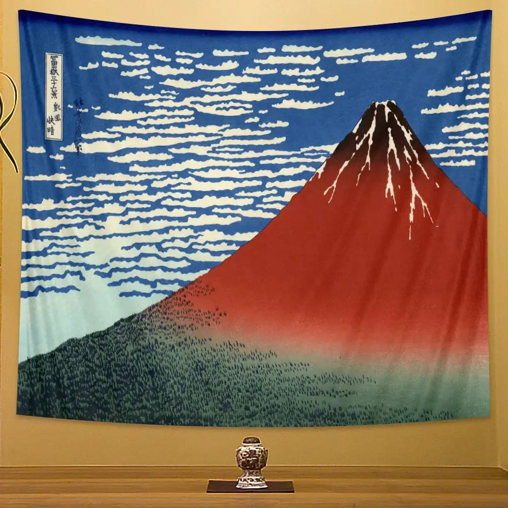 Hokusai red & blue beach scenery tapestry bedroom wall decor