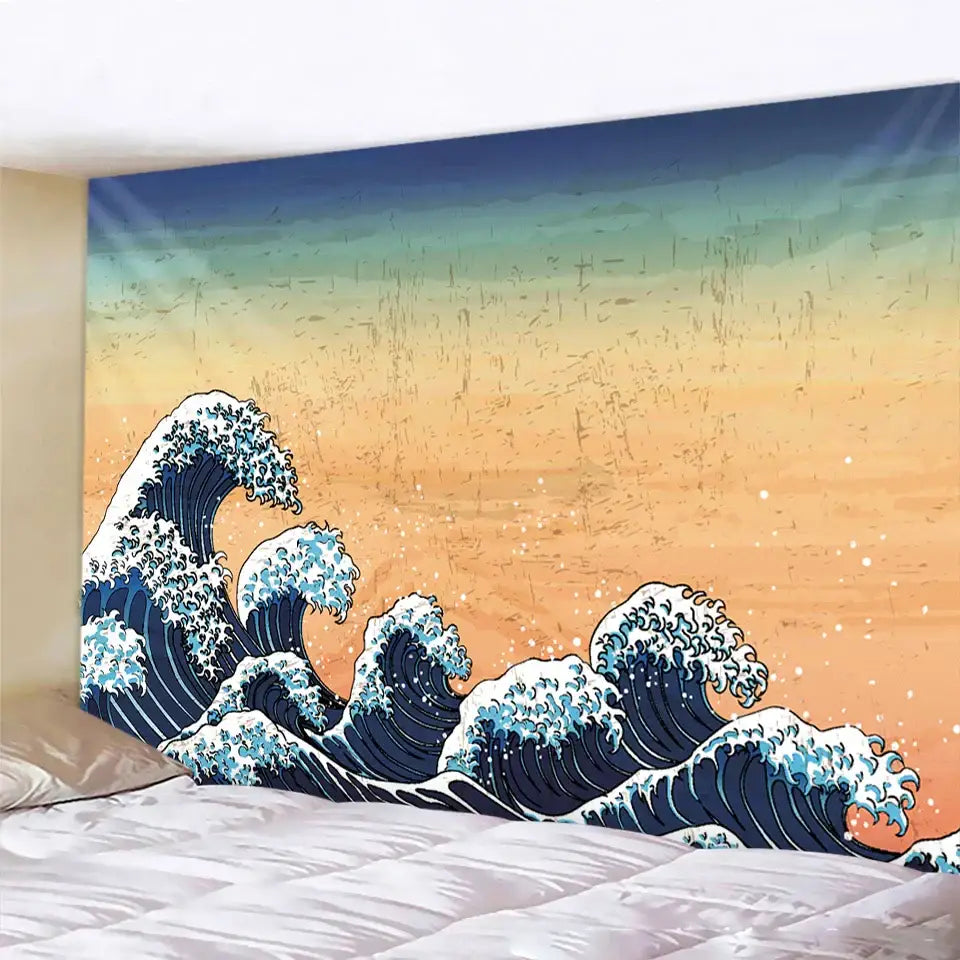 Hokusai red & blue beach scenery tapestry bedroom wall decor