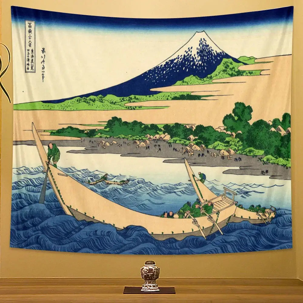 Hokusai red & blue beach scenery tapestry bedroom wall decor