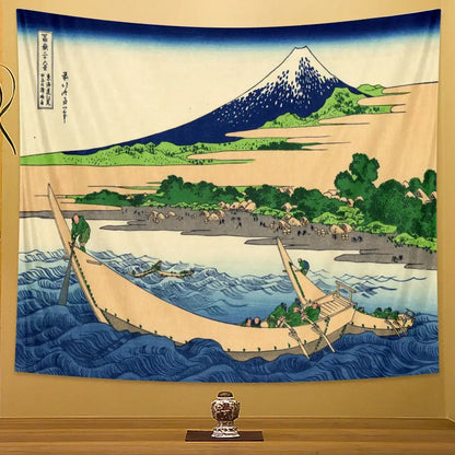 Hokusai red & blue beach scenery tapestry bedroom wall decor