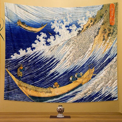 Hokusai red & blue beach scenery tapestry bedroom wall decor