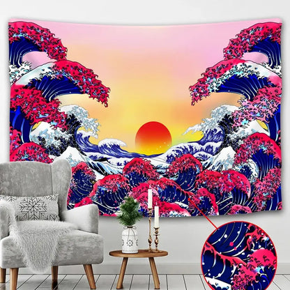 Hokusai red & blue beach scenery tapestry bedroom wall decor