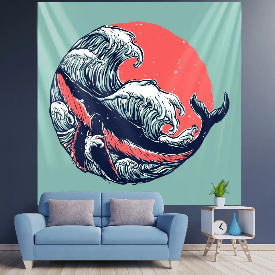 Hokusai red & blue beach scenery tapestry bedroom wall decor