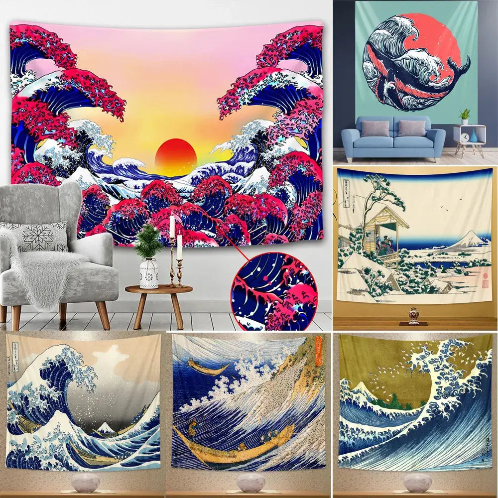 Hokusai red & blue beach scenery tapestry bedroom wall decor