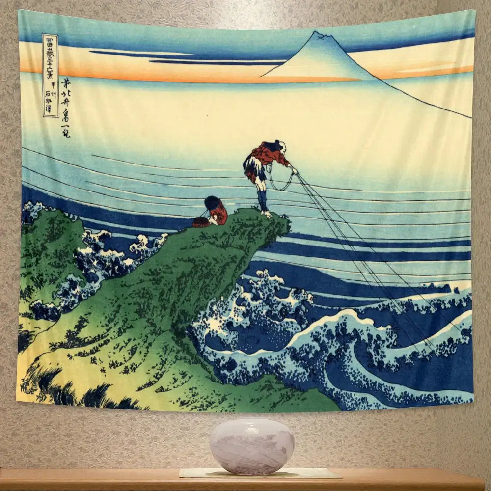 Hokusai red & blue beach scenery tapestry bedroom wall decor