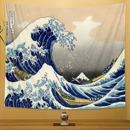 Hokusai red & blue beach scenery tapestry bedroom wall decor
