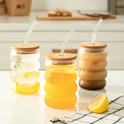 Honeycomb creative glass cup set with bamboo lid – kitchen tumblers