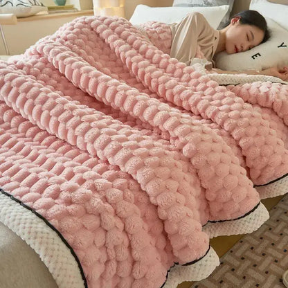 Honeycomb textured teal & cream cozy coral fleece bed blanket bedroom