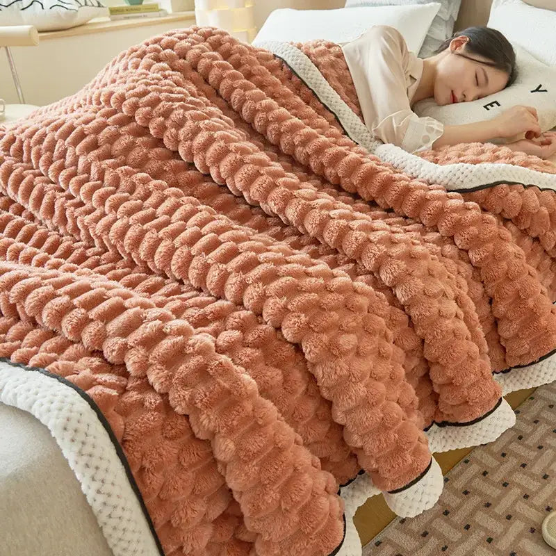 Honeycomb textured teal & cream cozy coral fleece bed blanket bedroom