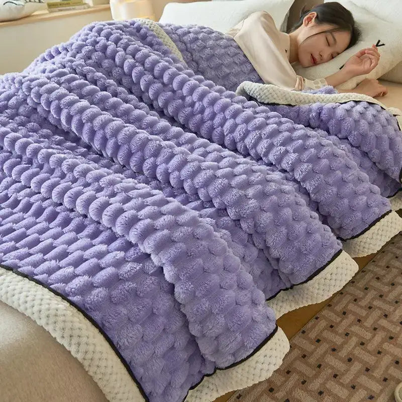 Honeycomb textured teal & cream cozy coral fleece bed blanket bedroom