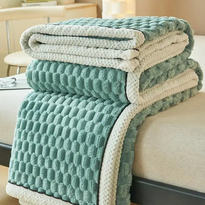 Honeycomb textured teal & cream cozy coral fleece bed blanket bedroom