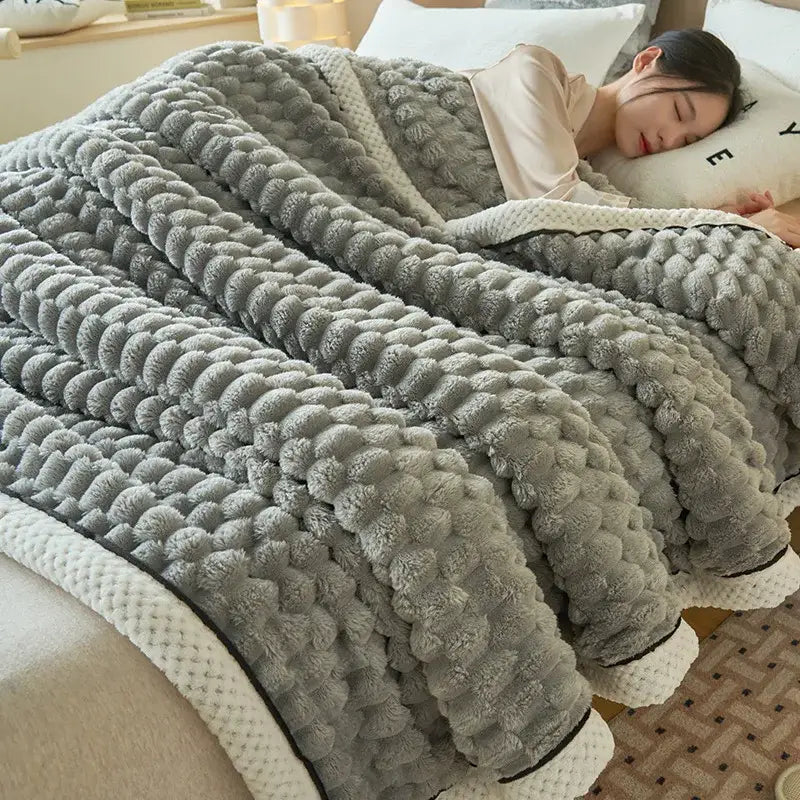 Honeycomb textured teal & cream cozy coral fleece bed blanket bedroom