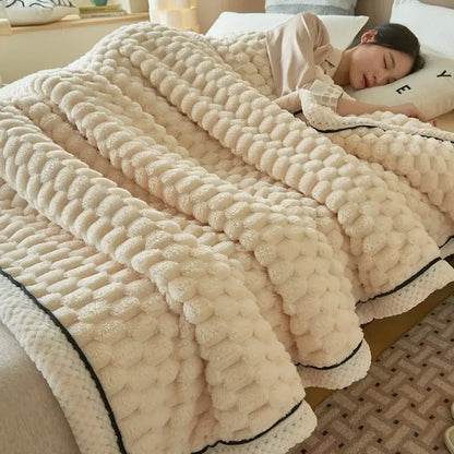 Honeycomb textured teal & cream cozy coral fleece bed blanket bedroom