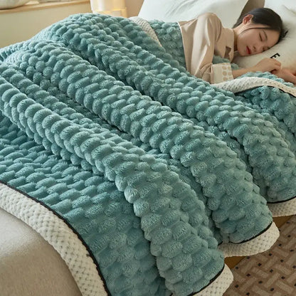 Honeycomb textured teal & cream cozy coral fleece bed blanket bedroom