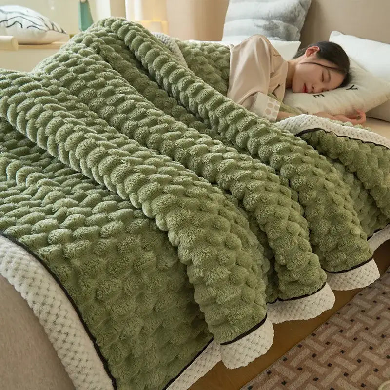 Honeycomb textured teal & cream cozy coral fleece bed blanket bedroom