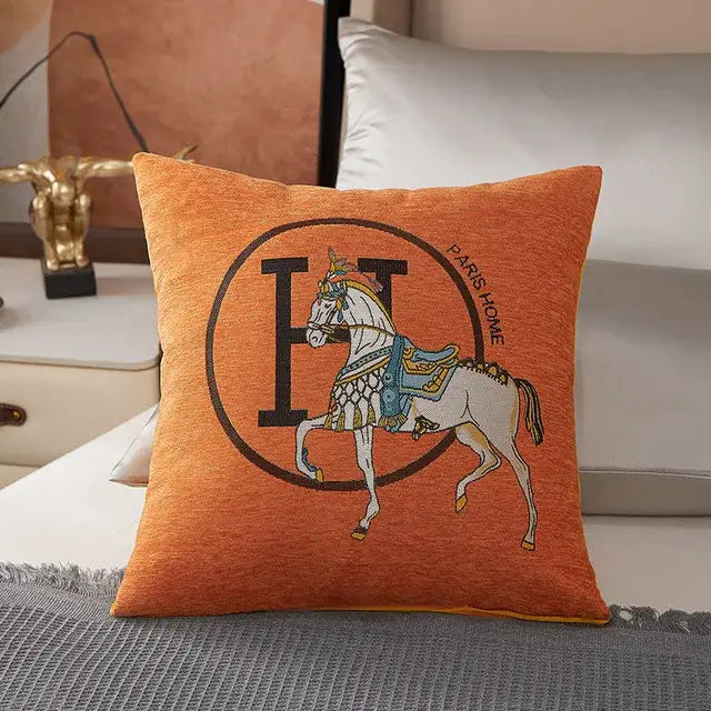 Horse embroidered jacquard pillow cover living room decor