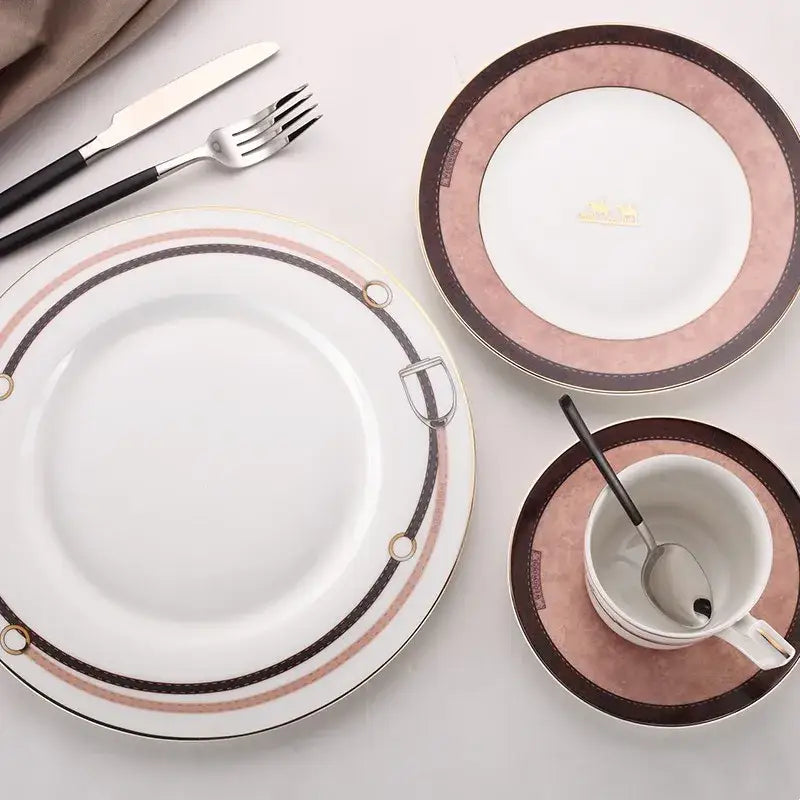Horsebit pink & brown bone china tableware set dining room