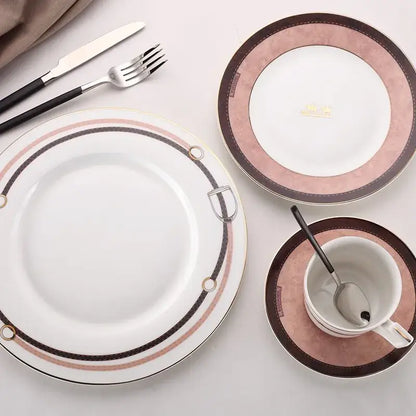 Horsebit pink & brown bone china tableware set dining room