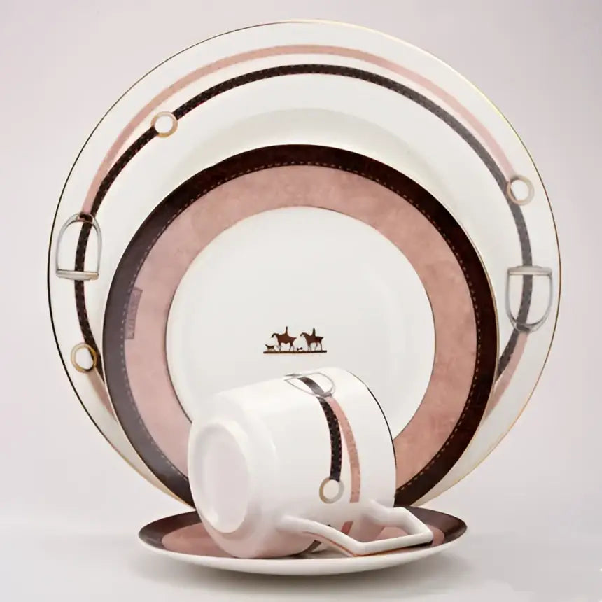 Horsebit pink & brown bone china tableware set dining room