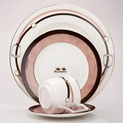 Horsebit pink & brown bone china tableware set dining room