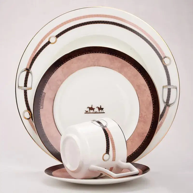 Horsebit pink & brown bone china tableware set dining room