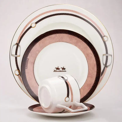 Horsebit pink & brown bone china tableware set dining room