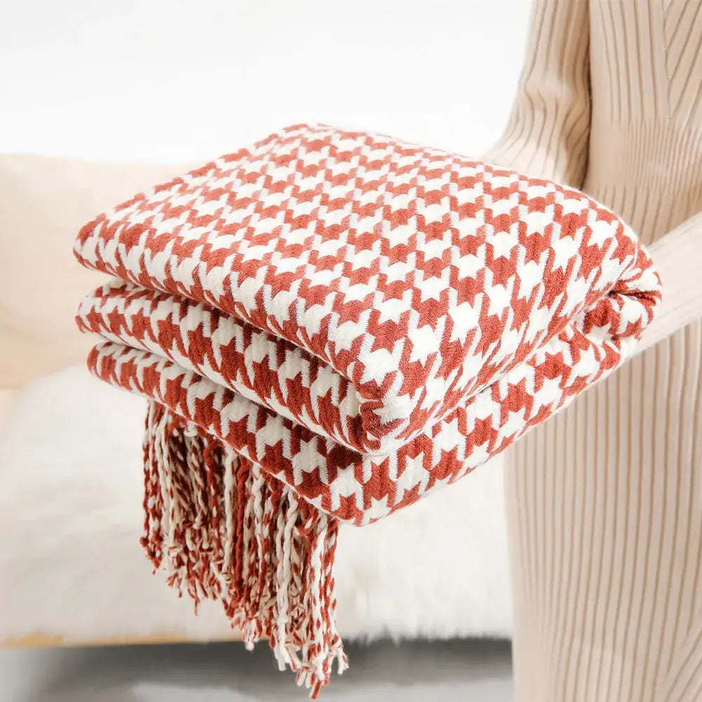Houndstooth black & white throw blanket living room fringed decor