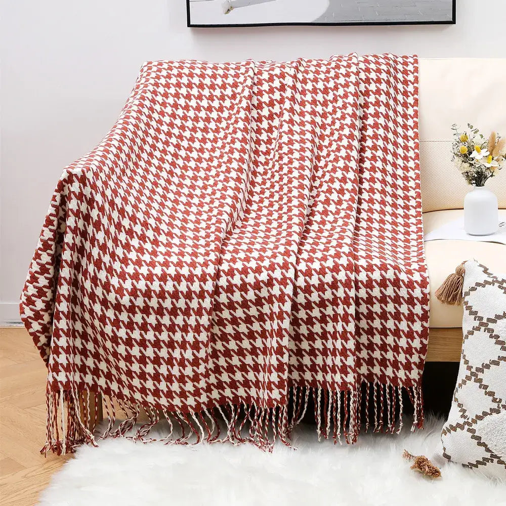 Houndstooth black & white throw blanket living room fringed decor